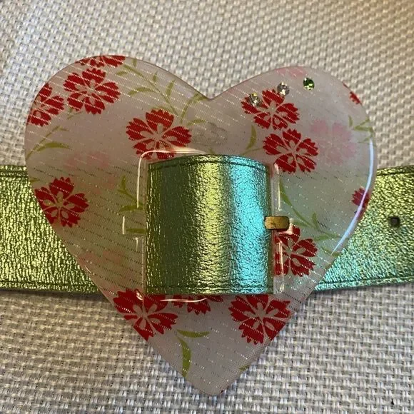 Rare Kaos acrylic heart buckle reversible white and metallic green leather belt